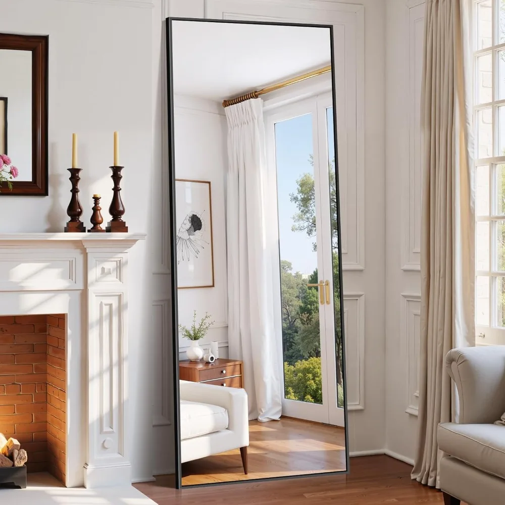 알루미늄 프레임이 있는 전신 검정색 바닥 거울, 71x26 HD 강화유리, 스탠딩/벽걸이형, 가정 및 복도 장식용 거울