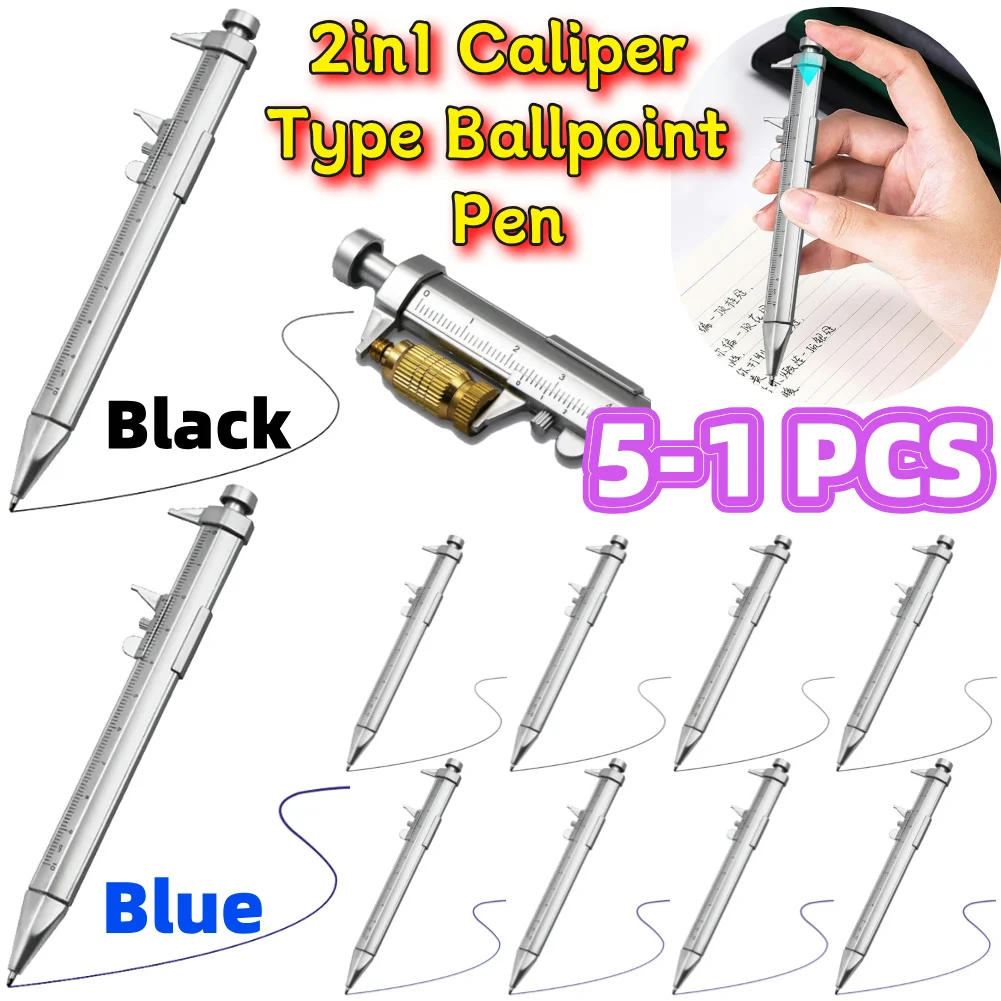 5-1PCS Caliper Type Ballpoint Pen Durable 2in1 Precise Measurement Range Multifunction Vernier Bullet-tip Design Roller Ball Pen