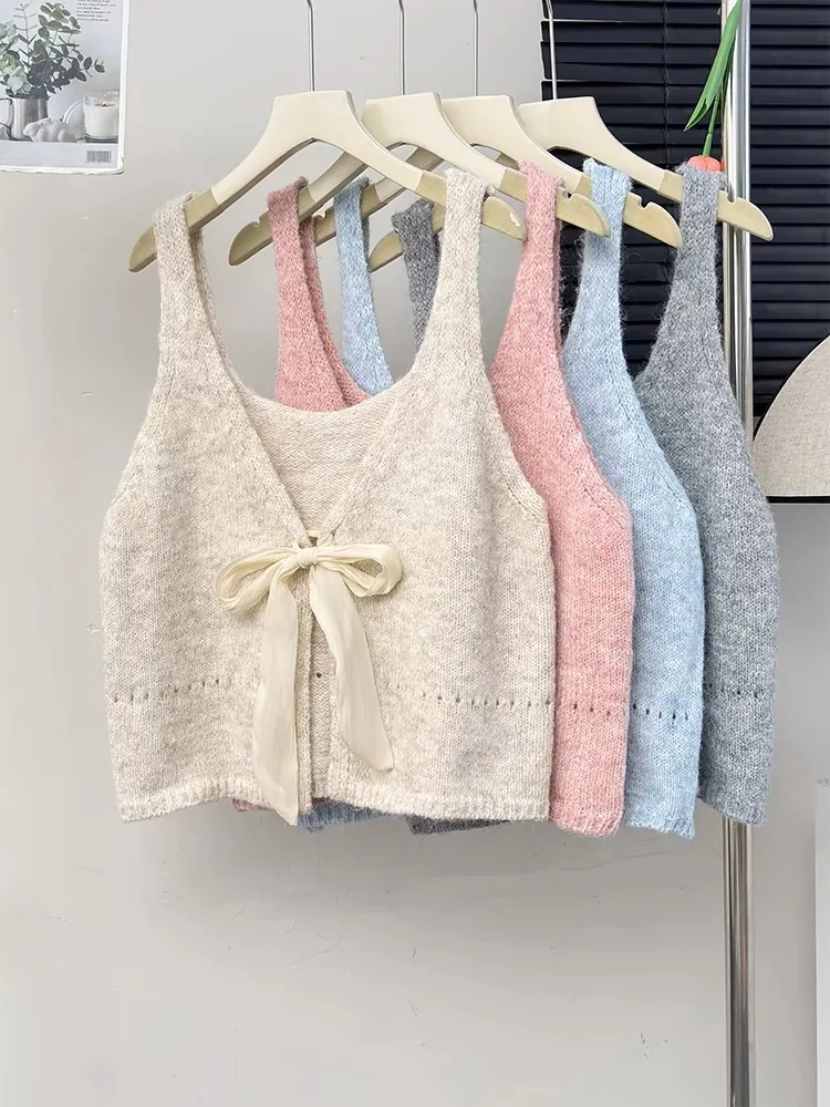 Two Sides Wear Sweet Bow-Tie Front V-neck Sweater Vest Women Spring Autumn Sleeveless Knit Coat Beige Pink Gray Blue Tank Top