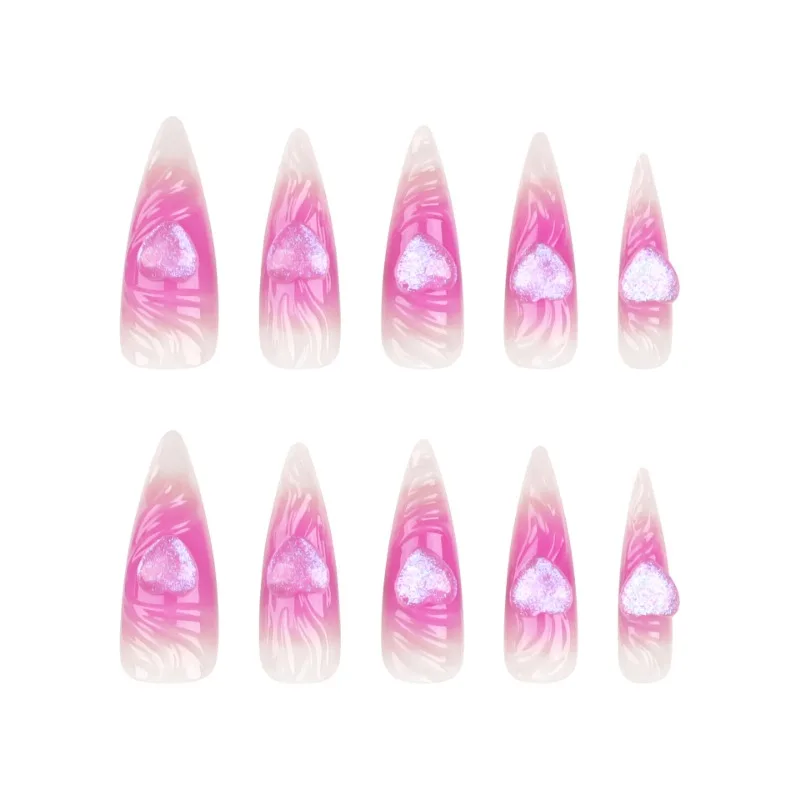 Neue ultralange spitze rosa 3D herzförmige künstliche Nägel Aurora Nude Color Water Ripple Fake Nails für Frauen und Hochzeitsmädchen