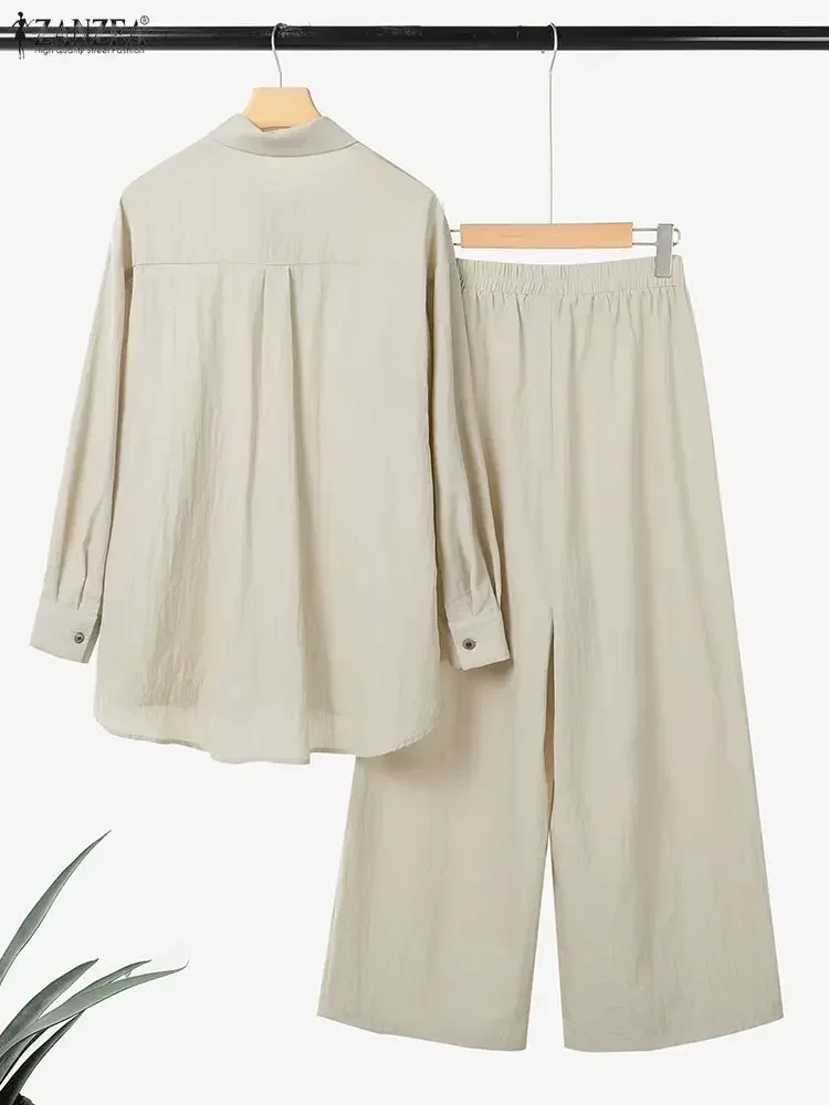 2-teiliges Hosen-Set für Damen, einfarbig, geknitterte Langarm-Hemden und Hosen mit weitem Bein, lässige, lockere Anzüge, ZANZEA Herbst 2025, Bürokleidung