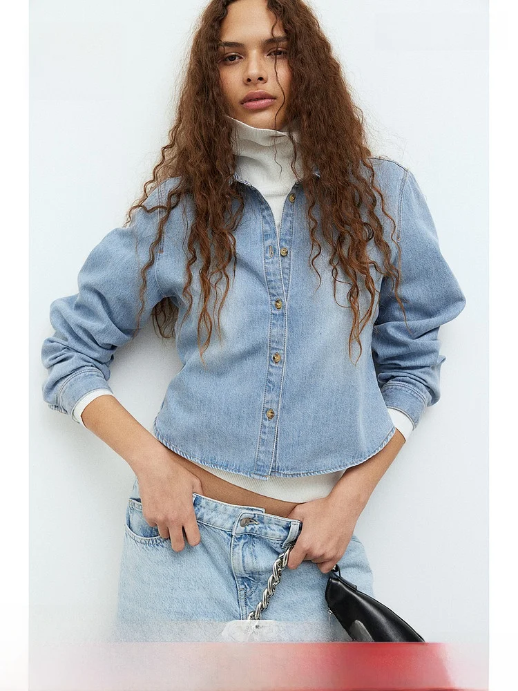 

Casual Sle HM Women's ort Denim irt Spring Turn-down Collar Long Sve Cotton Blend Faion Ladies' Premium irt