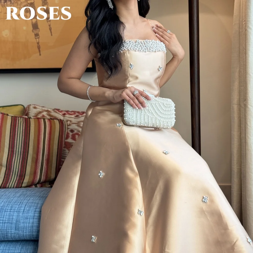 Suknia wieczorowa ROSES Champagne, bez ramiączek, w stylu gwiazd, bez rękawów, damska, z koralikami, satynowa, formalna, szyta na miarę.