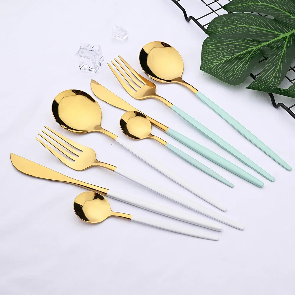 24pcs White Gold Dinnerware Set Stainless Steel Cutlery Wholesale