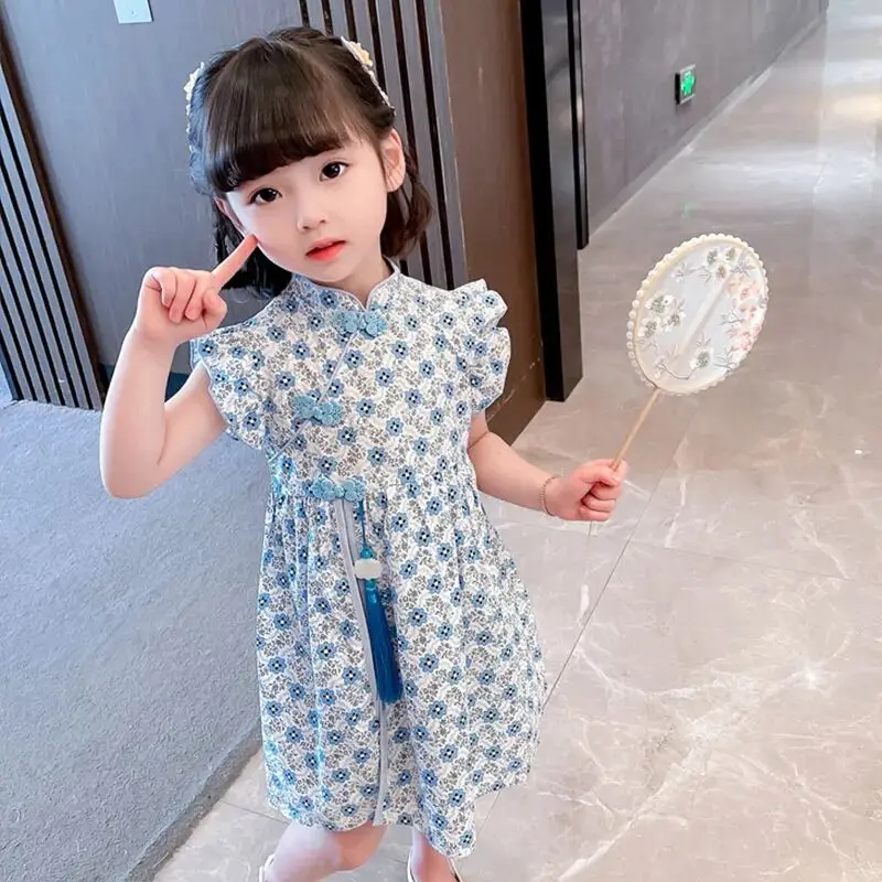 Kids Girls Dress Summer 2023 New Chinese Style Cheongsam Little Girl Baby Children's Clothing Hanfu Dress 0-6Y