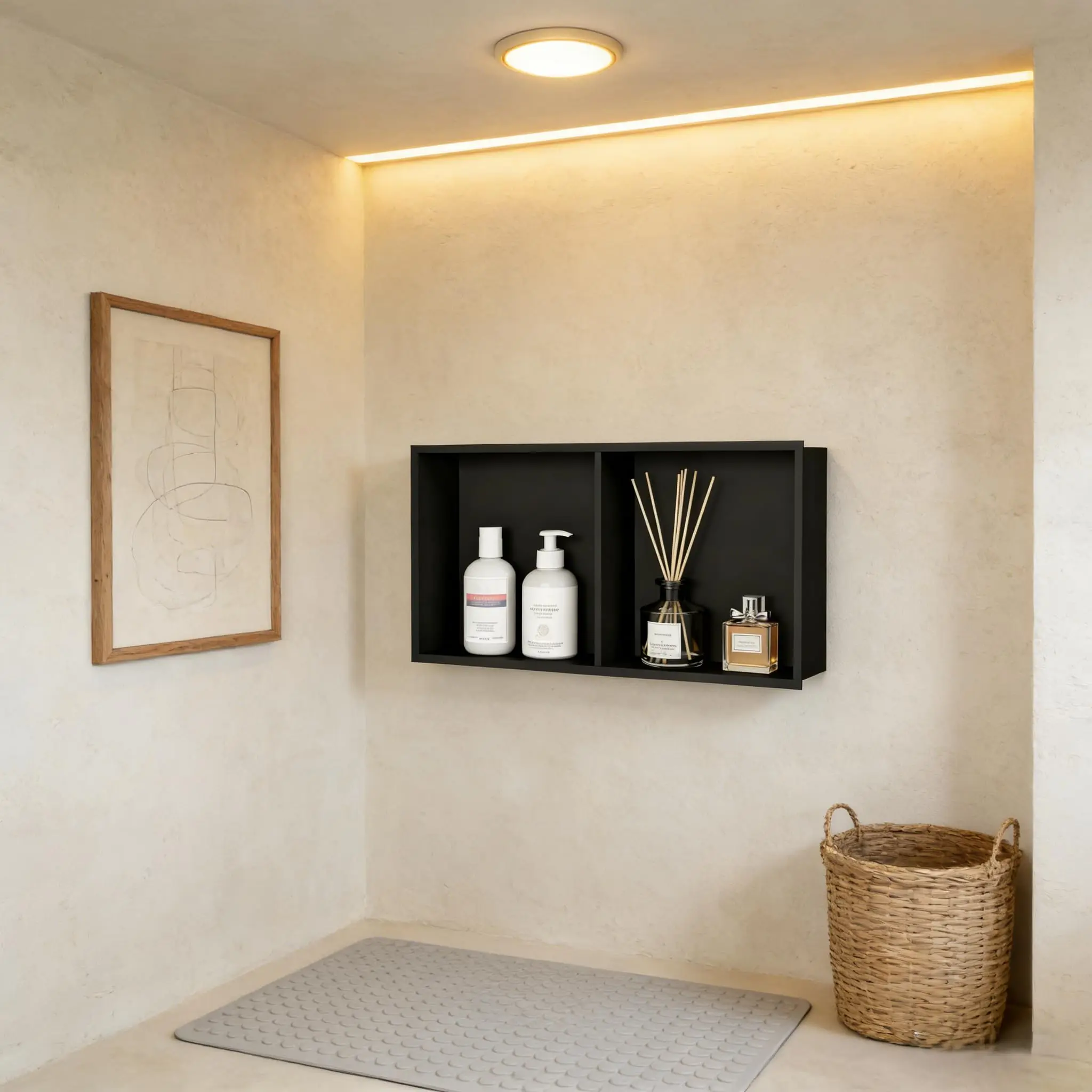 Mensola a niché da incasso per doccia, ideale per riporre oggetti in bagno, finitura nera opaca, resistente alla ruggine e facile da pulire, non richiede piastrelle.