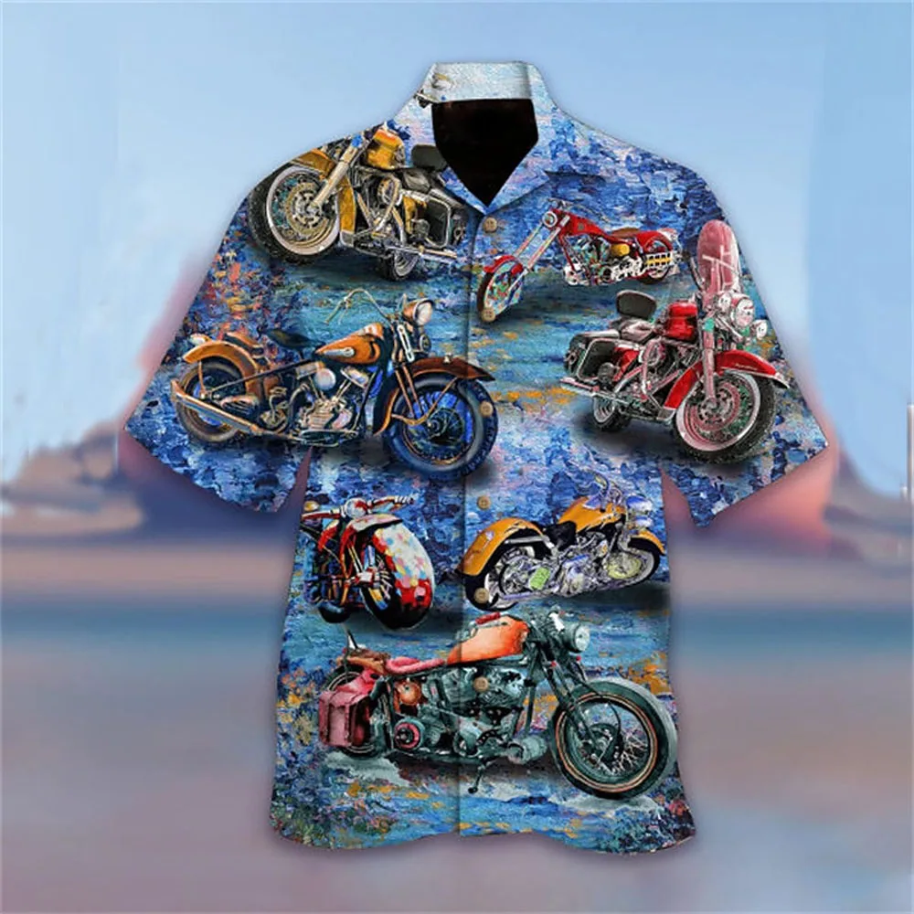 

New Men's Fine Cool Motorcycle Print Short Sleeve Shirt Men's Breathable Cardigan Men's Casual Clothing Men's Street Fashion Top