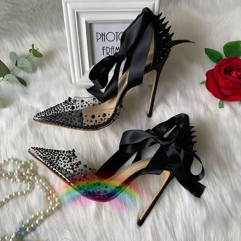 

New Perspective PVC Black Rivet Pointed Silk Foot Ring Strap 12cm High Heel Banquet Sexy High Heel Sandals