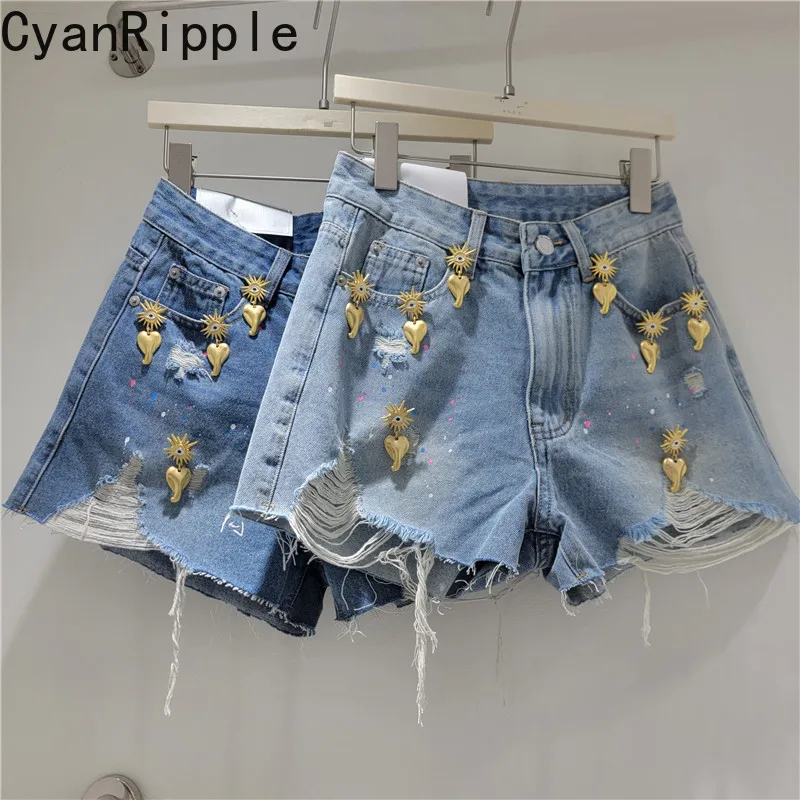 

American Metal Decoration Short Jeans 2026 New Spring Summer Spice Girls All-match Hole Tassel Wide Leg A-line Denim Shorts