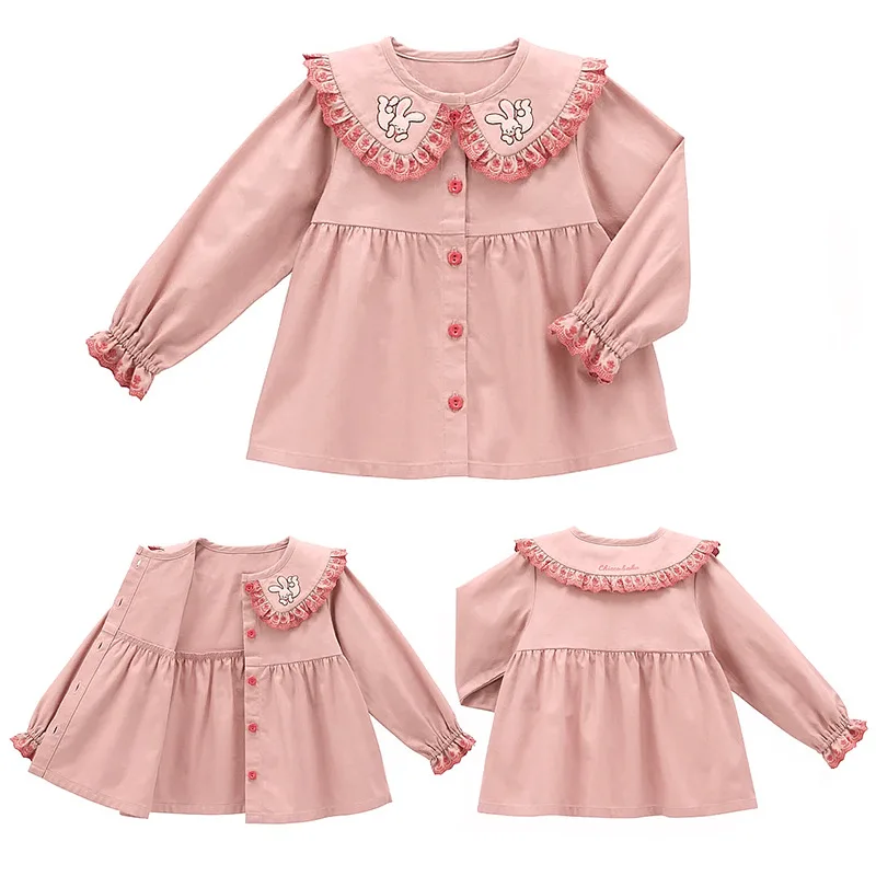 

Delicate Rabbit Embroidered Blouse Shirt for Girls Outwear Top with Lace Trim Long Sleeve Japanese Vintage Girls Autumn Clothe