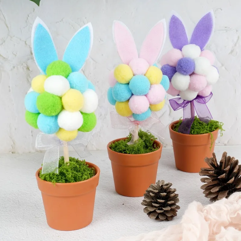

Three Cute Bunny Ear Pom-pom Flower Pot Ornaments, Home Desktop Decorations, Art Decorative Ornaments for Festive Gatherings