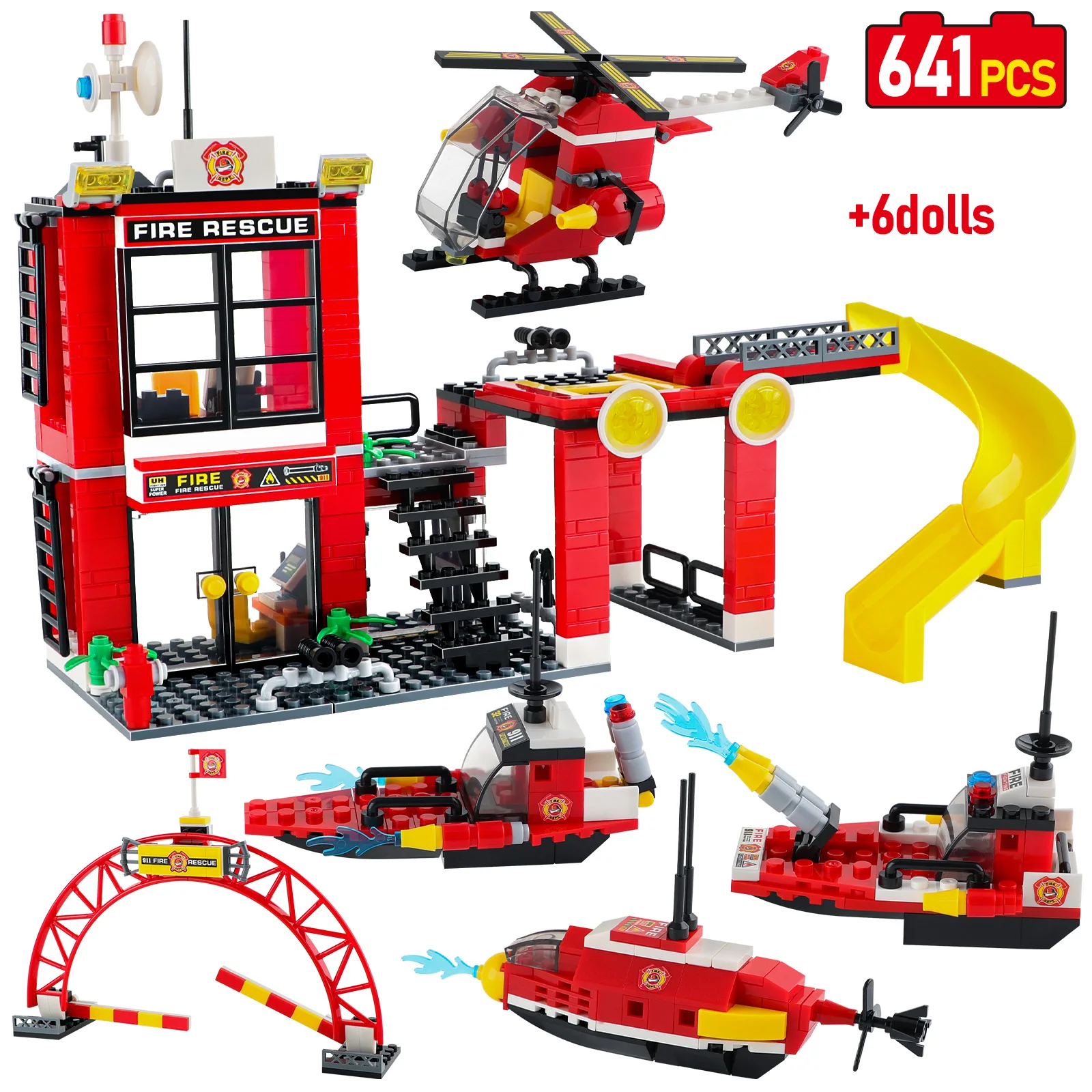 Fire Fighting Helicopter Slide Building Blocks City Fire Station Firefighter Figures Man Bricks Fireboat Toys for Children Gifts