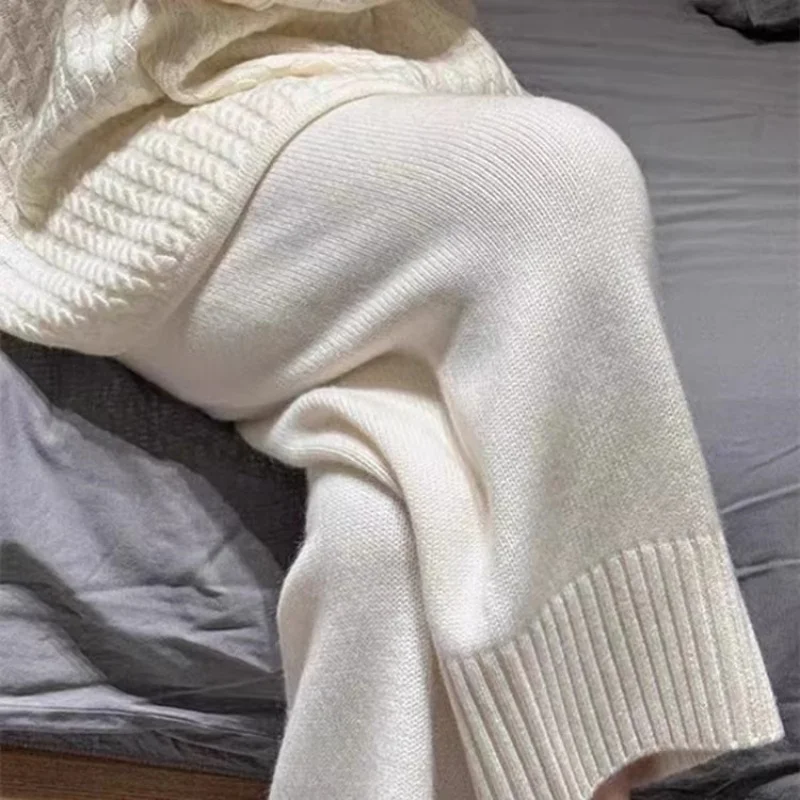 กางเกงขายาวถักไหมพรมสีเทาแบบใหม่ประจำปี 2025 สำหรับผู้หญิง แฟชั่นจีน ผ้าแคชเมียร์ ทรงตรง หลวม สีพื้น ความยาวระดับข้อเท้า