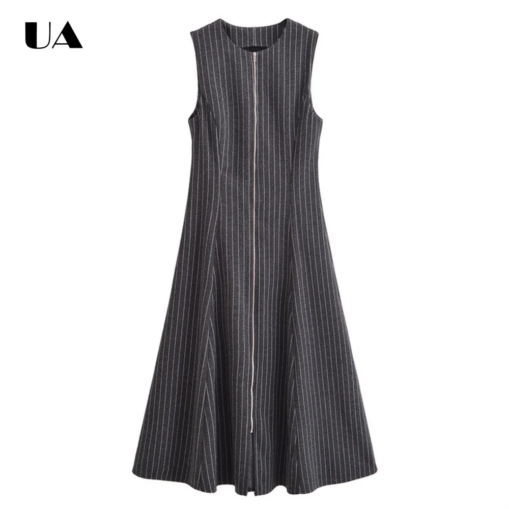 

Fashionable A-line Sleeveless Striped Midi Dress, Vintage Round Neck Zipped Long Dresses for Women, Commuter Style Empire Dress