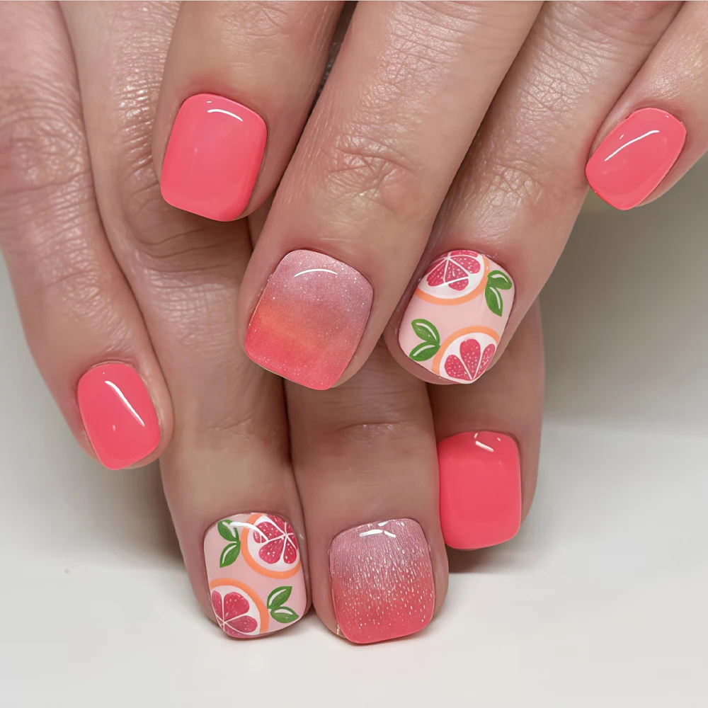 24 piezas de uñas cuadradas cortas con base degradada rosa con purpurina y diseño de fruta de pomelo, ideales para primavera y verano, frescas y atractivas.