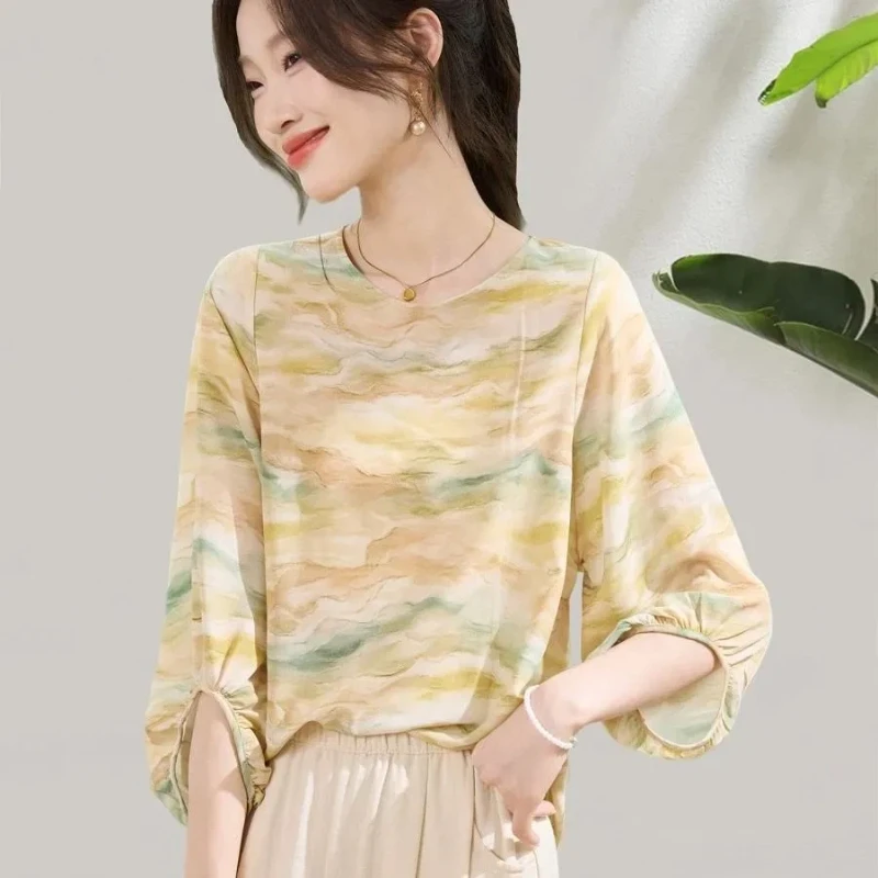 Elegant Women Blouse With Hand Painted Pattern Loose Fit Flying Sleeve O Neck Spring Summer Casual Prairie Chic Style Top