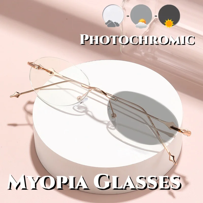 

Light Sensitive Color Changing Oval Metal Frame Myopia Glasses Anti Blue Light Color Changing Silver Small Frame Myopia Glasses