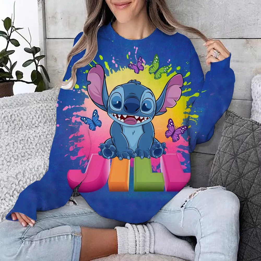 Autumn Fun Print Long Sleeve Top 2024 New Cartoon Disney Cute Lilo & Stitch Ladies Sweatshirt Crew Neck Loose Pullover