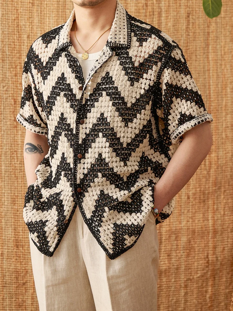 

Loose Summer Beach Knitted ort Sve Open Cardigan Mr. Deer Tee Hollow out Cotton Blend Casual irt for Men Breathable