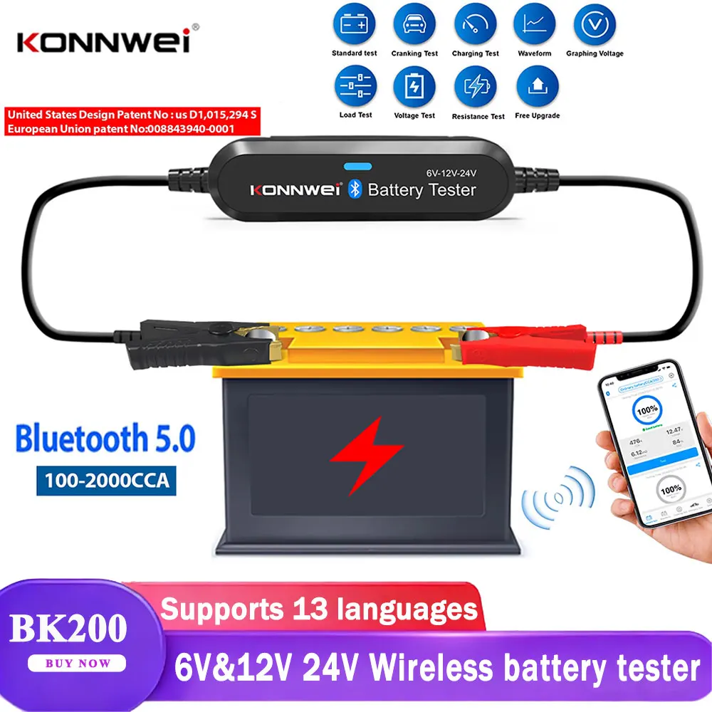 KONNWEI BK200 Bluetooth 5.0 autó-motor akkumulátor teszter 6V és 12V 24V hullámforma monitor 100-2000 CCA töltés indítási teszteszközök