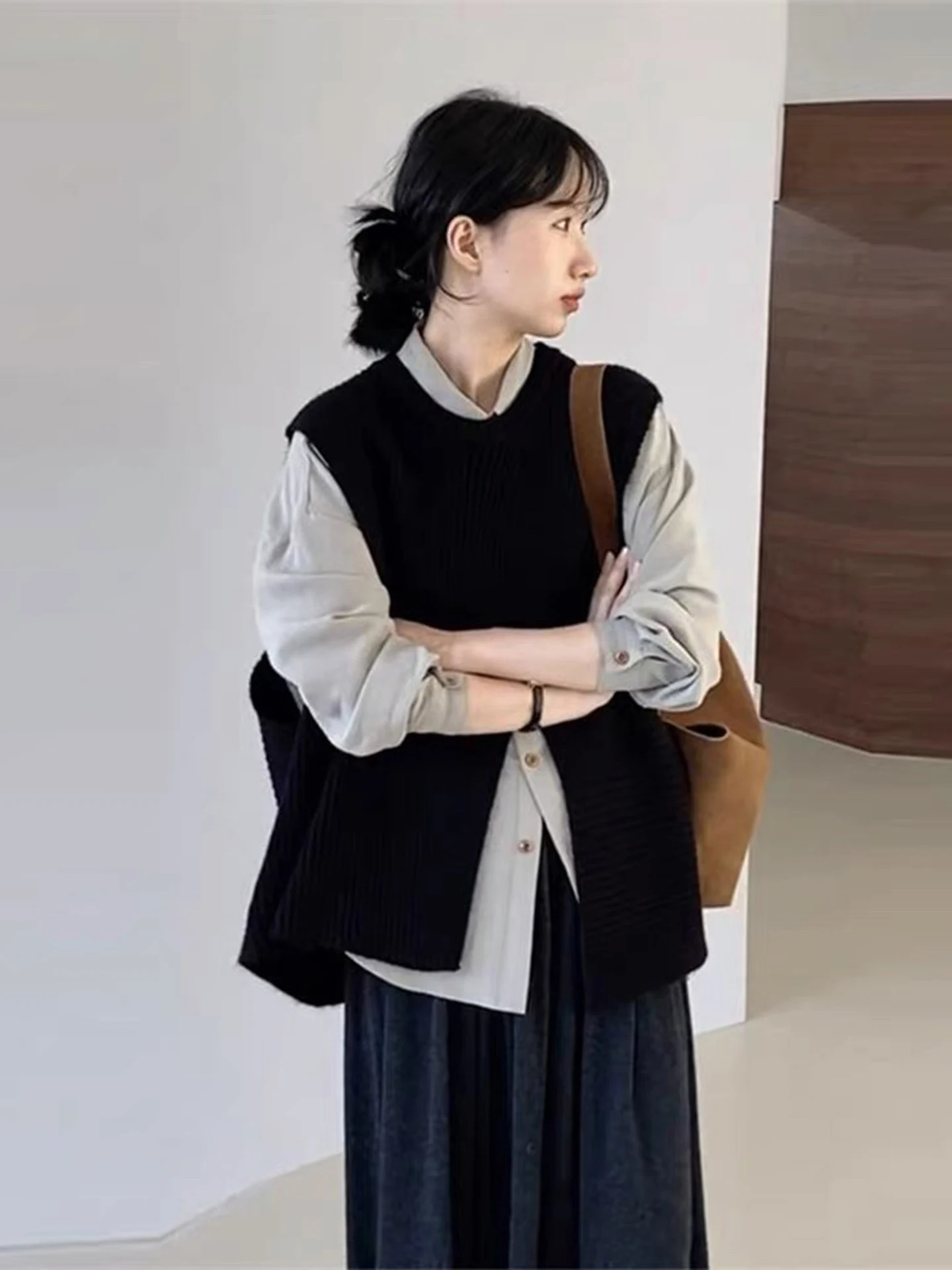 

Вязаный жилет Bla для женщин: асимметричный свитер с разрезом, корейский стиль, многослойный топ, комплект из двух предметов, весенняя мода