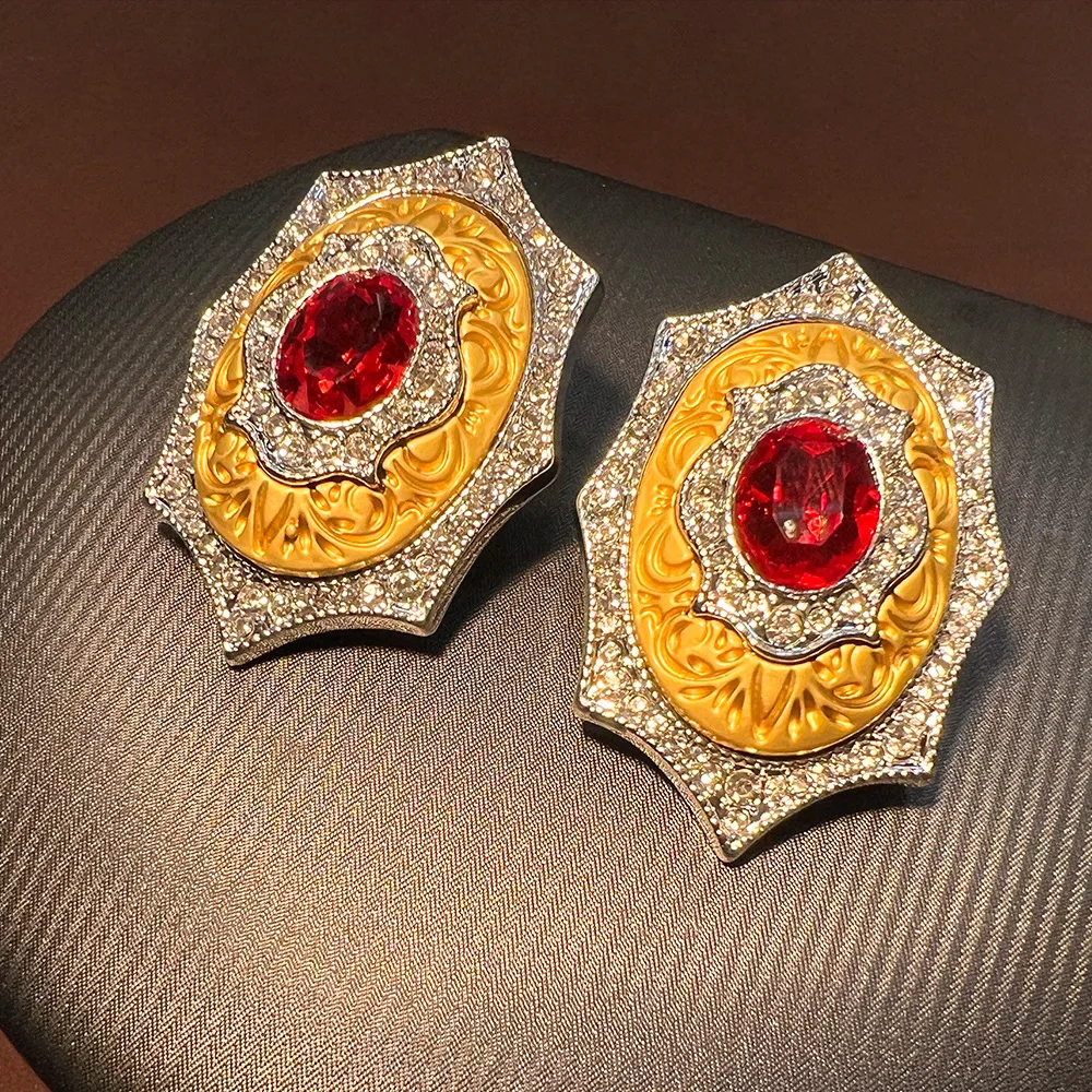 Western antique vintage court style, ruby-set retro gold-plated S925 premium earrings wholesale