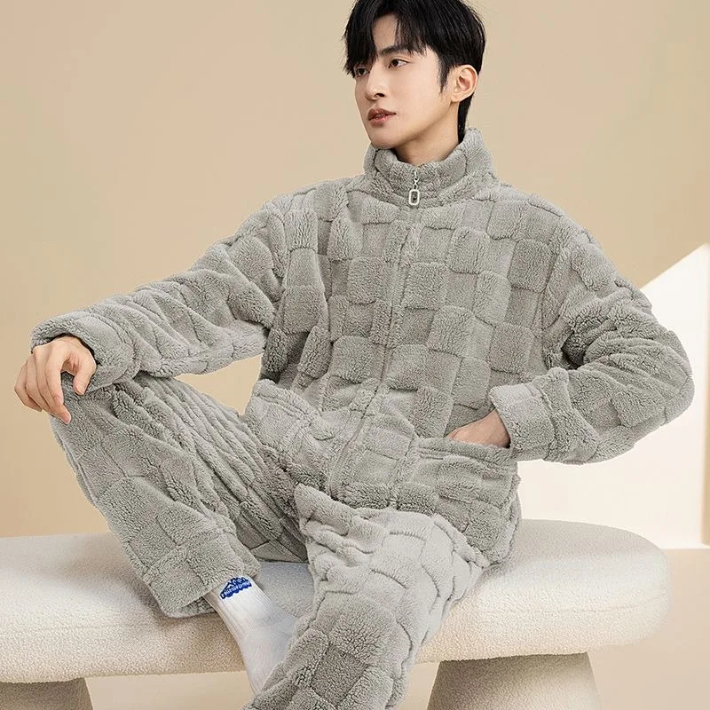 Male Autumn Winter Sleepwear Men's Coral Velvet Pajamas Zipper Thicken Plush Flannel Home Clothing Set Fashion Loungewear Suit