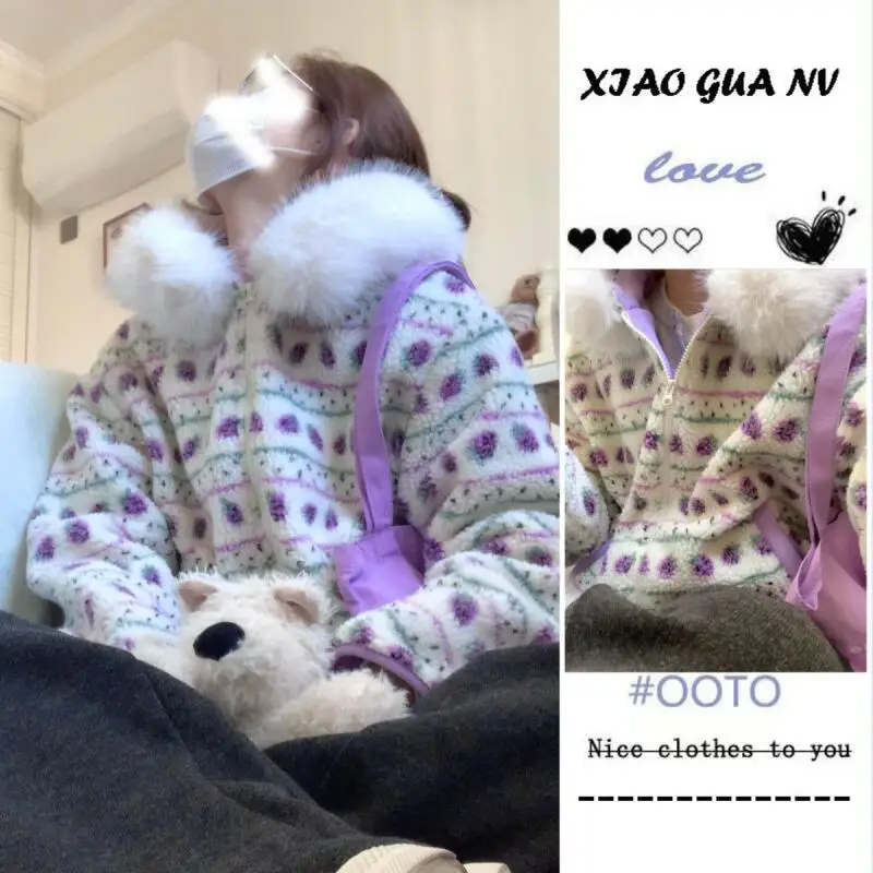 

Strawberry Fur Trim Fleece Lined Hooded Jacket Women Warm Winter Coat Casual Padded Cotton Outerwear Top Autumn