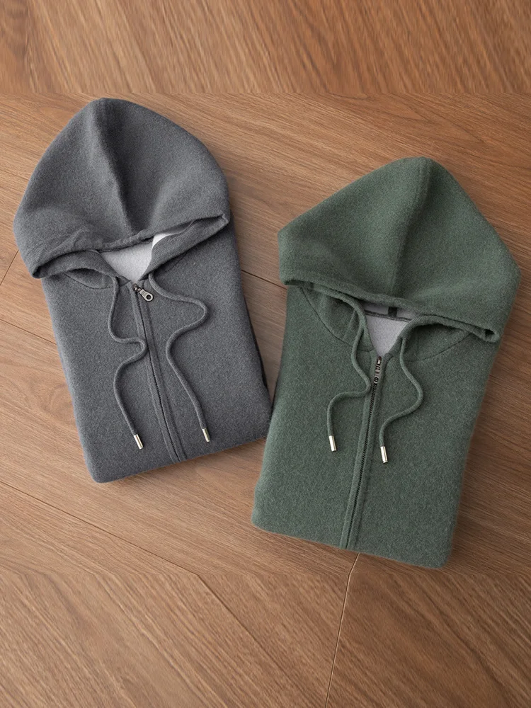 Men's 100% Pure Wool Cardigan Sweater Hooded Soild Pocket Zipper Simple Smart Casual Loose Knitted Sweater Jacket Autumn Winter