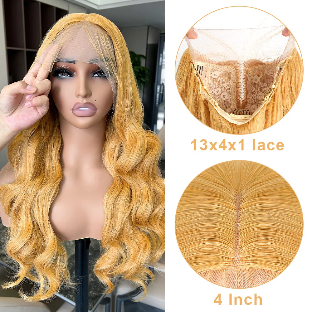 Perruque Lace Front Wig à reflets blond miel pour femmes, perruques synthétiques à vague de corps, perruque pré-plumée avec cheveux de bébé, perruque à fermeture en dentelle, 13 age