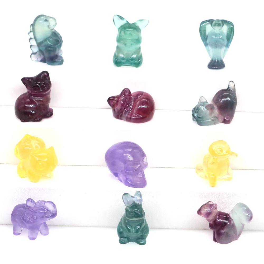 Mini Fluorite Carvings Animal Figurine Cat Elephant Rabbit Squirrel Cartoon Fantastic Statue Crafts Healing Crystal Home Decor