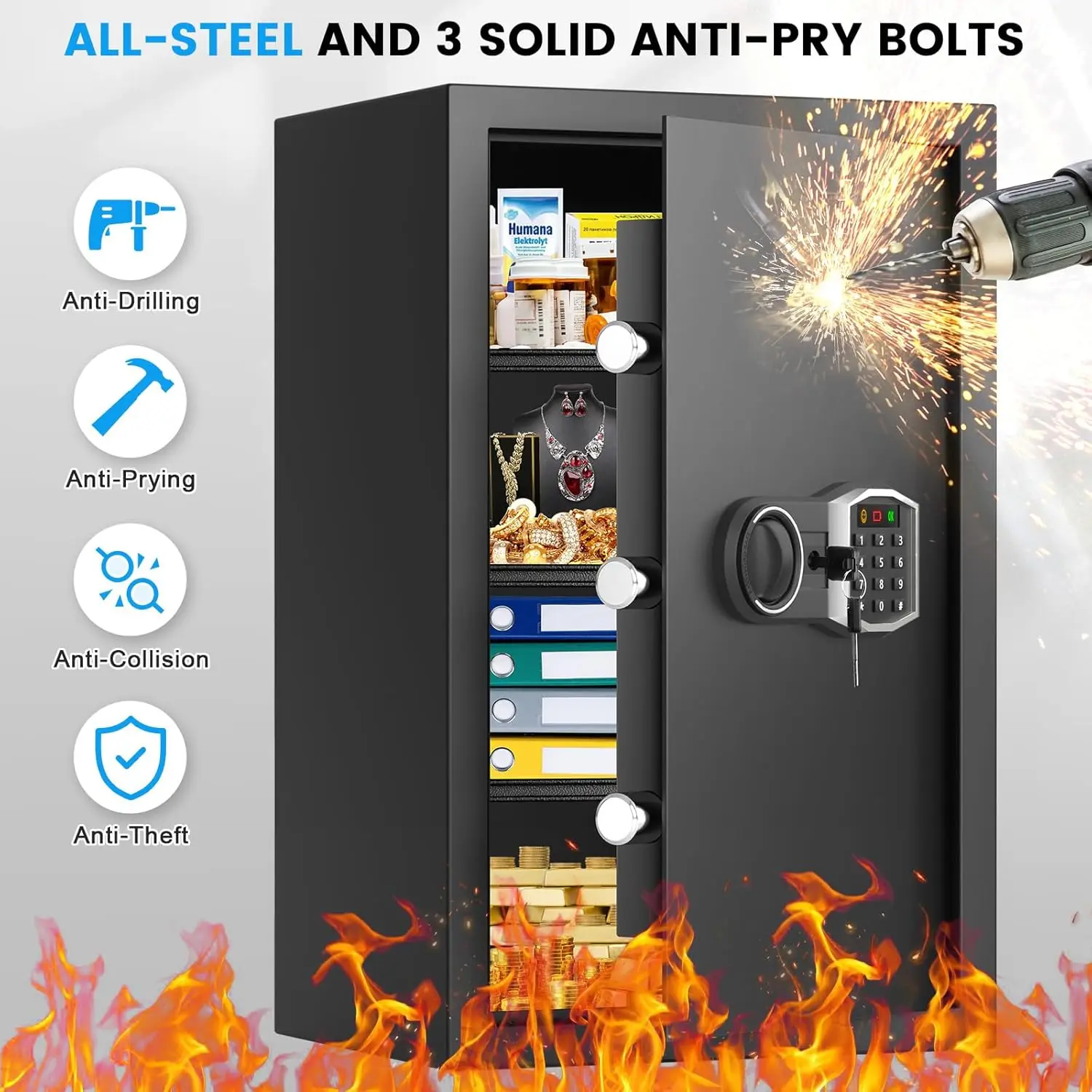 5.5 Cubic Large Home Safe Fireproof Waterproof, Digital Safe Box with Combination Lock, Alarm Systerm and Removable Shelf, Anti-