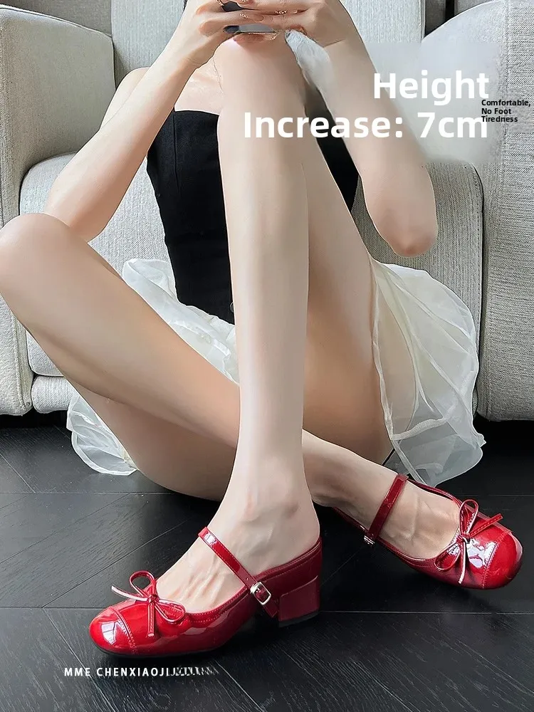 comfortable-red-knot-ballet-flats-women's-slip-on-shoes-7cm-heel-packaged-head-half-slippers-korean-style-rubber-sole