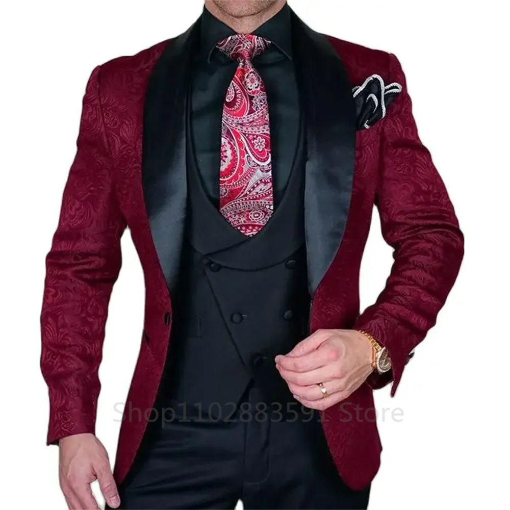 Black Jacquard Wedding  Party Tuxedo For Groom Wedding Shawl Lapel 3 Pieces Slim Fit Mens Suits Male Waistcoat Vest Pants