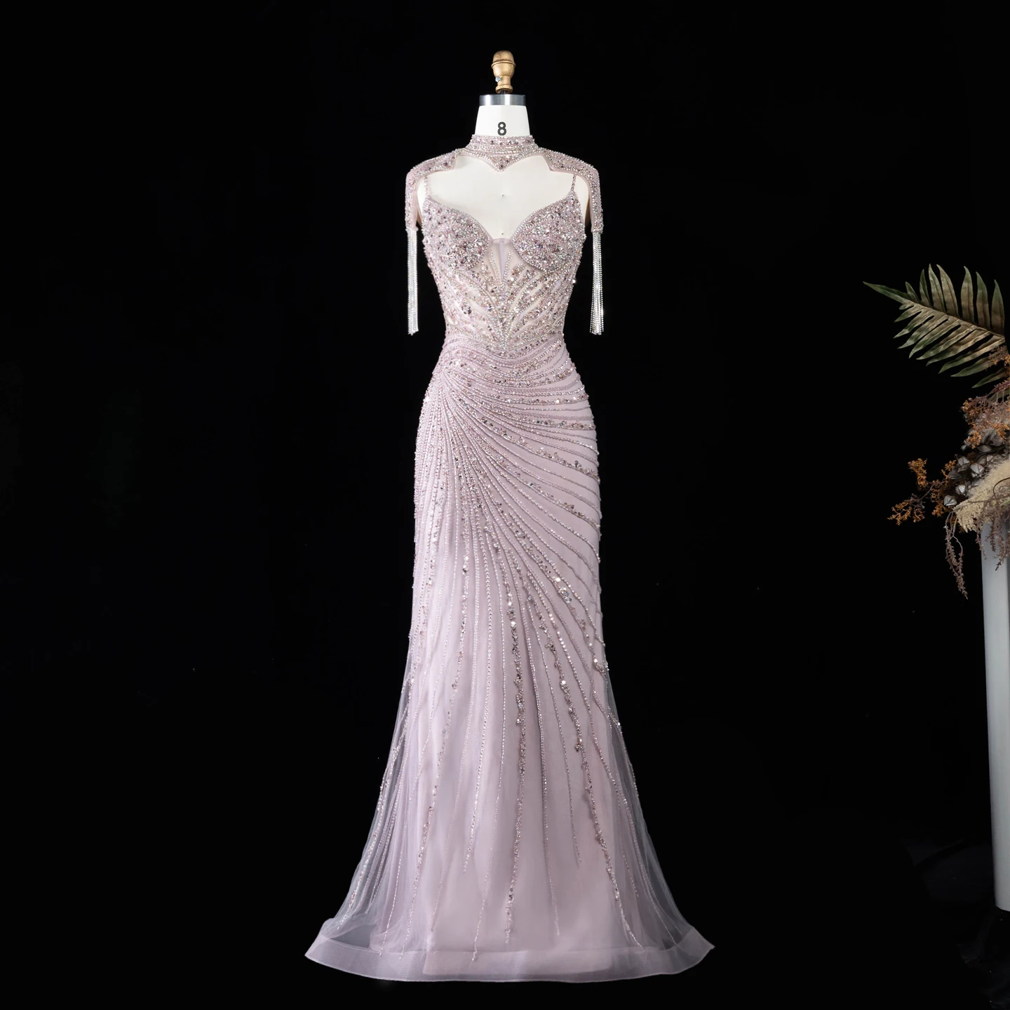 Sharon Said Luxuriöses Champagner-Abendkleid mit Quastenumhang, Diagonalen Strasssteinen, Meerjungfrauen-Schnitt, für formelle Anlässe und Partys, SS184, Maßanfertigung – Detail 12
