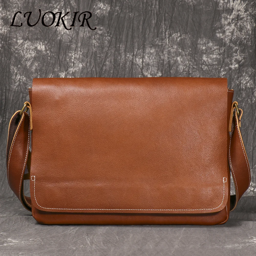 LUOKIR Retro New Men's Leather Shoulder Bag Vegetable-tanned Leather Crossbody Bag Large Capacity Cowhide Laptop Bag Briefcase
