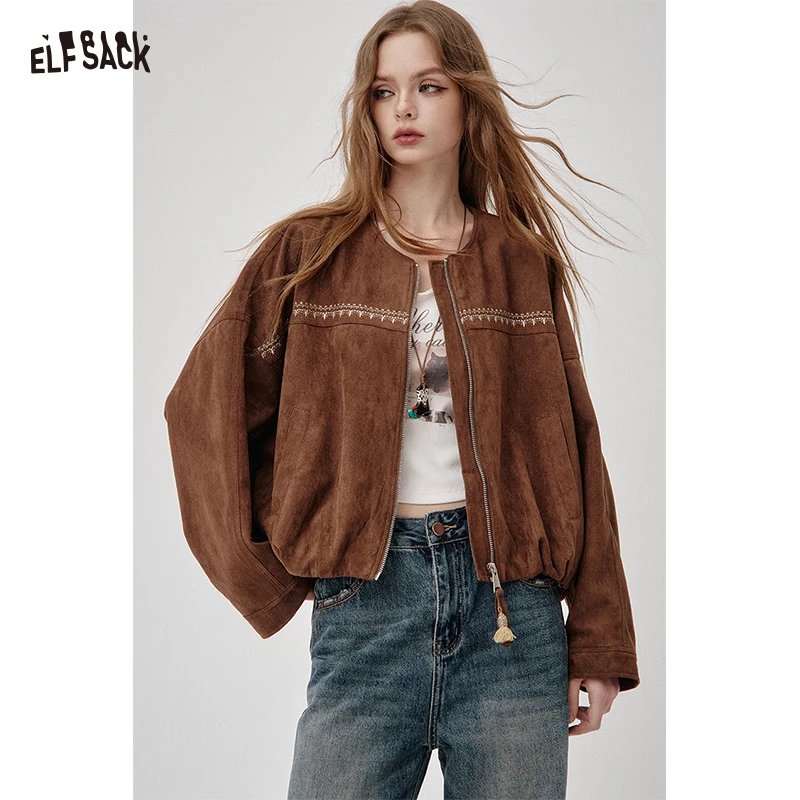 

ELFSACK Bohemian Casual Suede Zip Drop Shoulder Short Jacket For Women