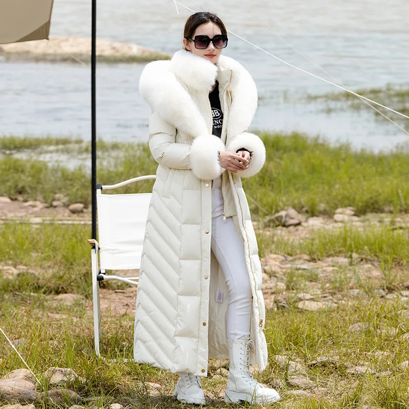 Mantel bulu panjang untuk wanita, mantel panjang bulu rubah kerah besar 95% warna putih bebek tahan air Slim Fit dipertebal, jaket hangat x-long Down
