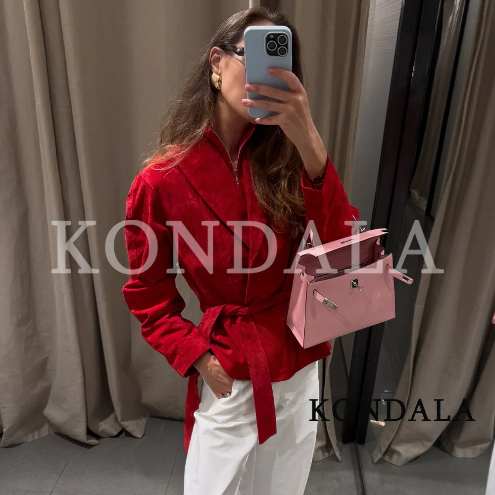 KONDALA Women Chic Faux Suede Belt Coat Vintage Elegant Front Open Jacket Coat 2026 Fall Winter Trendy High Street Commute Coat
