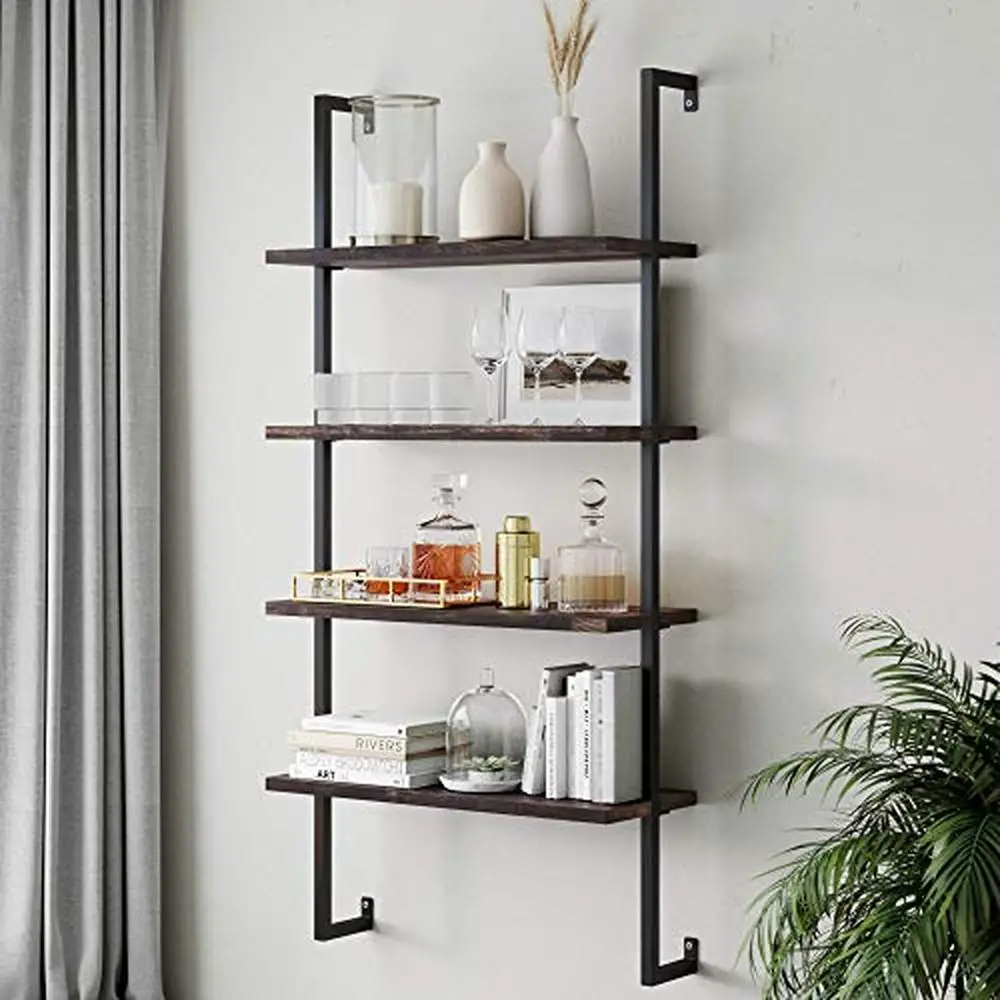 4-Tier Industrial Pipe Frame Floating Wall Mount Bookcase with Natural Wood Keyhole Wall Mount Adjustable Shelves Office Kitchen