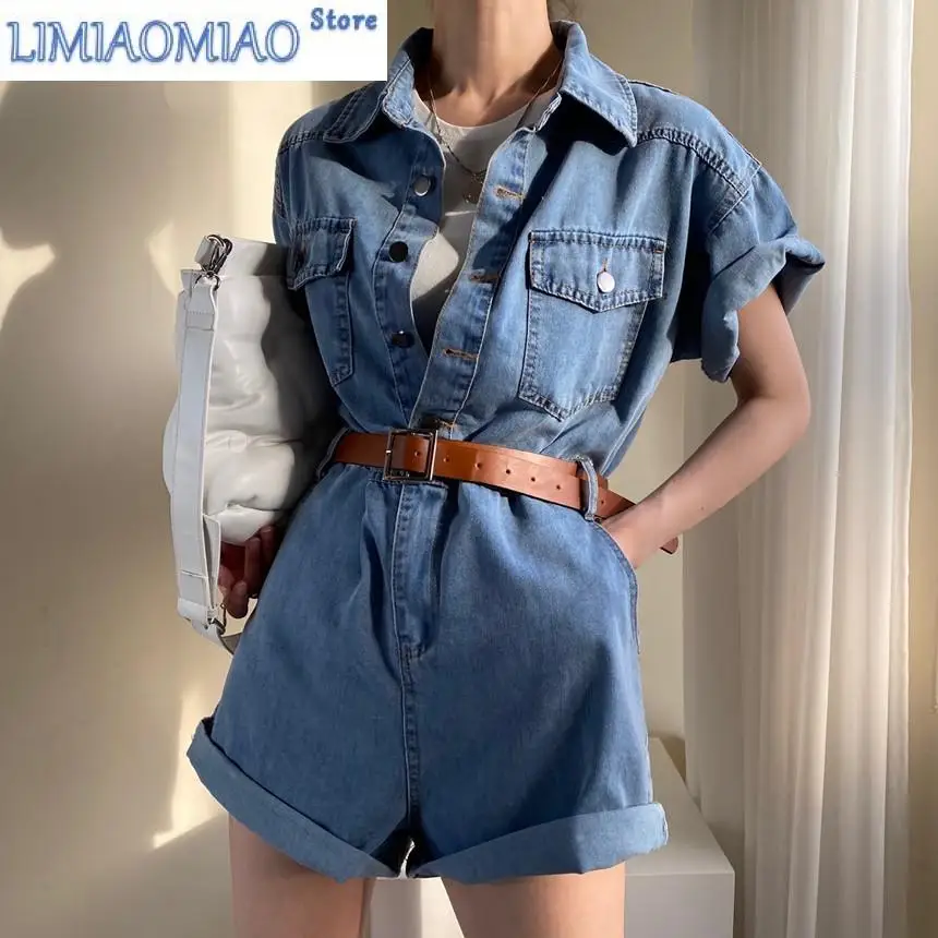 New Women Rompers Summer Casual Short Sleeve Jumpsuit Denim Short Pants Turn-Down Collor Playsuits Overalls