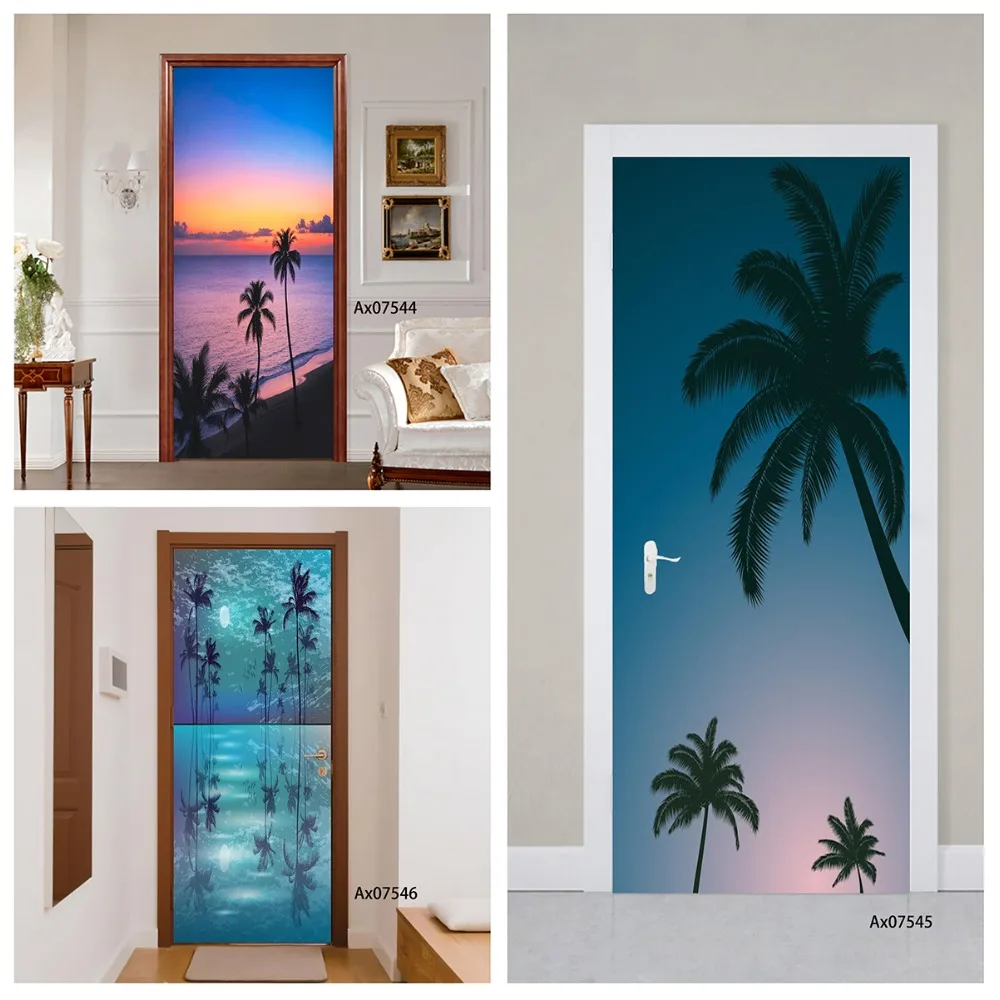 Ocean Beach Palm Tree Door Decal Waterproof Removable Gradient Blue Palm Silhouette Household Entrance Front Door Wall Art Decor