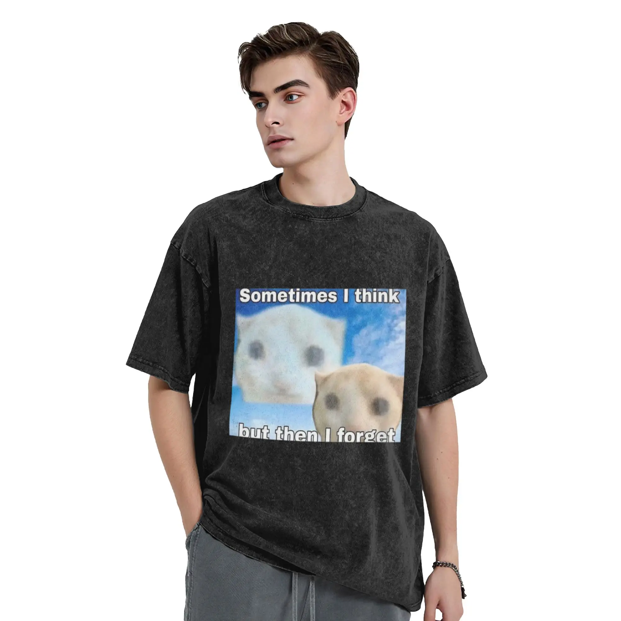 forgetful meme cat Unique Cool A Washed T Shirt Men's Women's Oversized Cotton Tees Tops