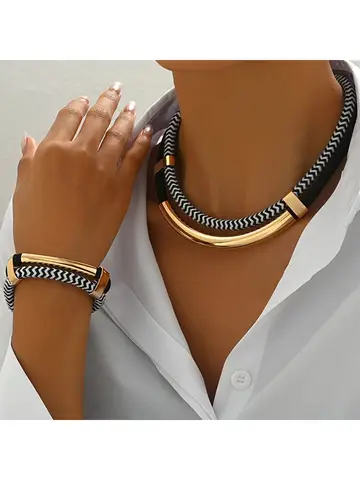 2 pçs conjunto nova moda preto e branco grosso linha dupla tubo de metal exagerado estilo hip-hop colar pulseira conjunto para uso diário
