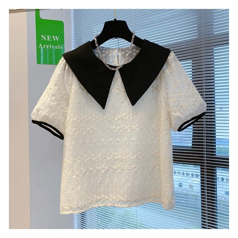 Woman’s Summer White Blouses Jacquard Embroidery Print Black Doll Collar Short Sleeve Clothing Lovely Peter Pan Collar T Shirt