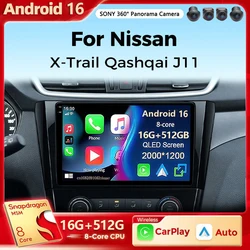 Android 16 Car Radio For Nissan X-Trail 3 T32 Qashqai J11 2 2014-2020 CarPlay Android Auto Qualcomm Car Stereo Multimedia Player