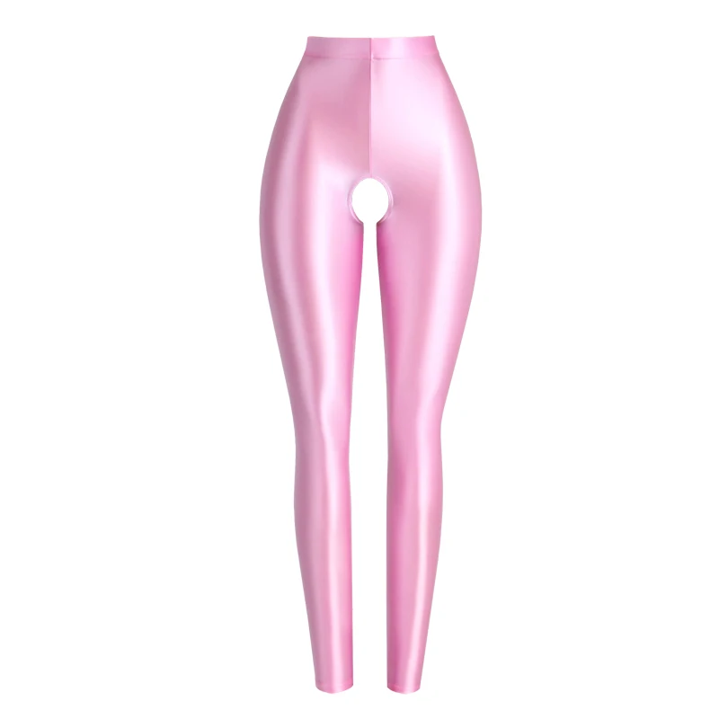 Sexy Satin glossy seamless leggings women fitness tights high waist shiny yoga sport oil Open crotch High elasticity Ninth pants