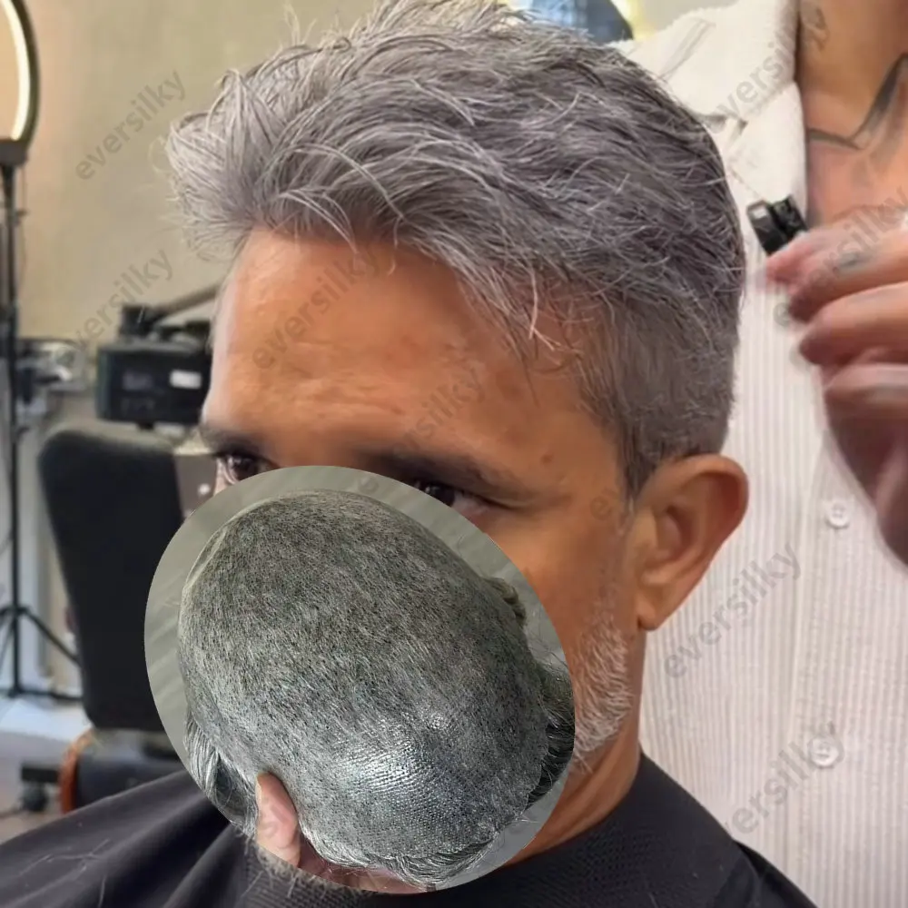 Günstigste Herren-Toupet-Perücken aus Echthaar, natürlicher Haaransatz, stark und langlebig, Microskin Voll-PU-Perücken für Männer, Grau 1B65 1B80 Schwarz, Prothese – Detail 1