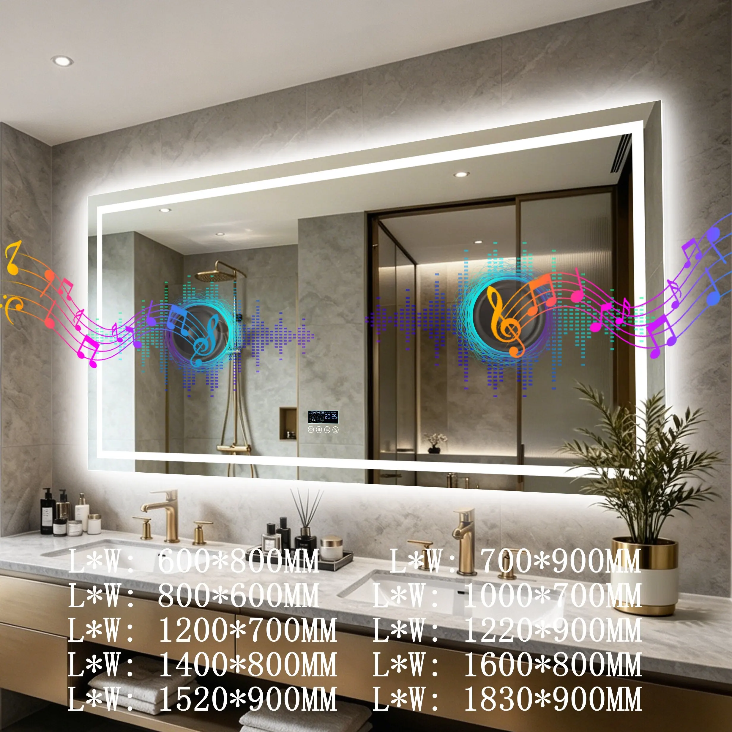 LED Bathroom Mirror with Bluetooth Speaker, Large Dimmable Wall Mirrors with Anti-Fog, Memory, 3 Colors, Shatter-Proof, Wall-Mounted LED Vanity Mirror(Horizontal/Vertical)