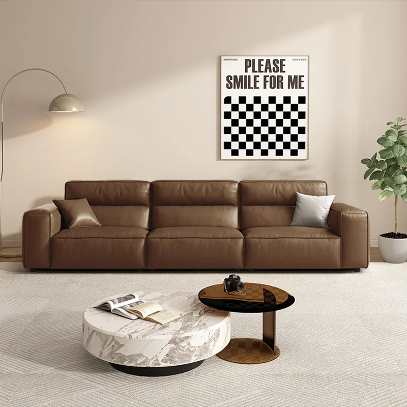 High backrest tofu block leather sofa straight top layer cowhide modern